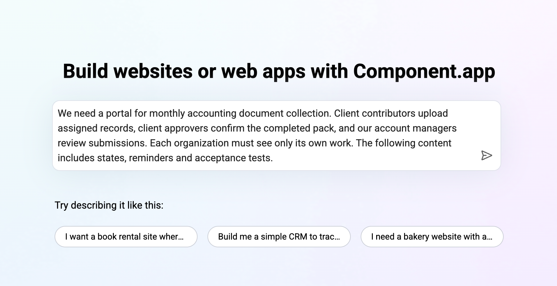 Describe an accounting client portal workflow to Component.app AI