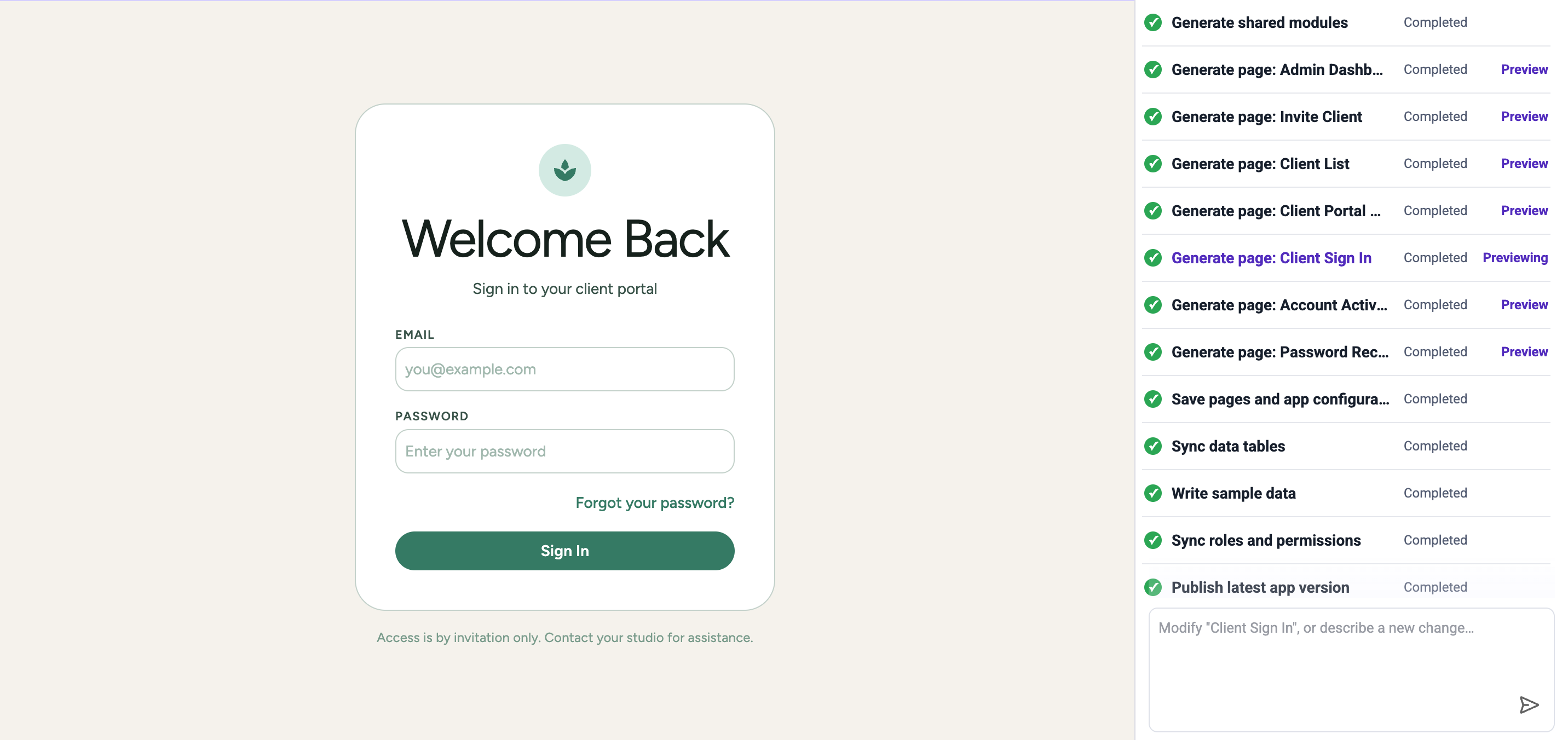 Component.app AI generating client portal pages, data, roles and permissions
