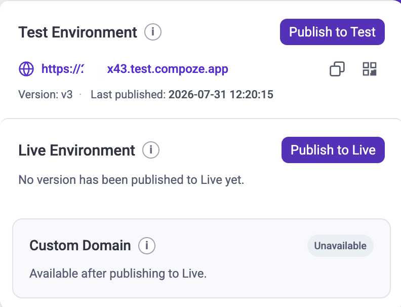 Component.app Test Environment, Live Environment and Custom Domain controls