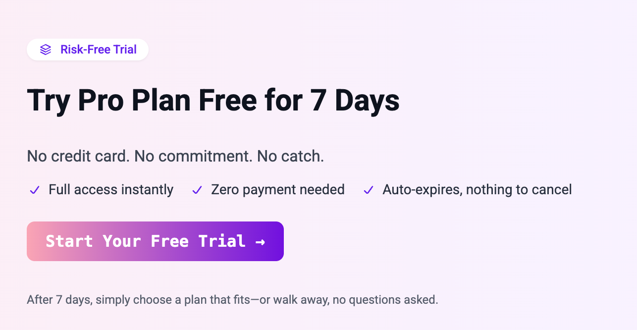 Component.app seven-day Pro Plan free trial screen